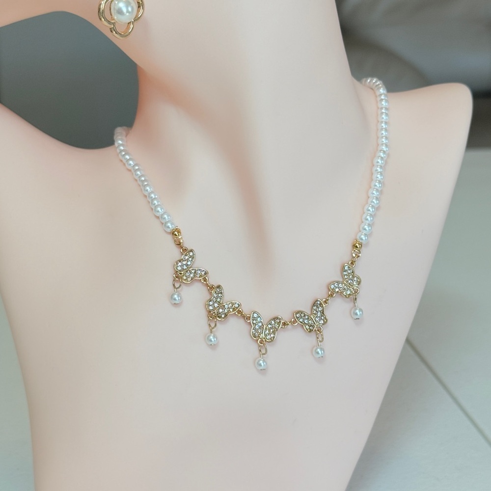 Gold and Pearl Butterfly Crystal Pendant Necklace - Women's Jewelry